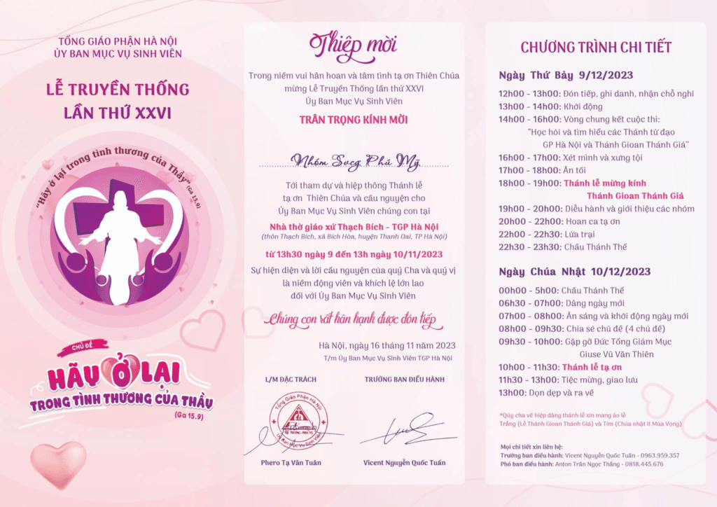 THƯ MỜI LỄ TRUYỀN THỐNG LẦN THỨ 26 ỦY BAN MỤC VỤ SINH VIÊN TGP HÀ NỘI